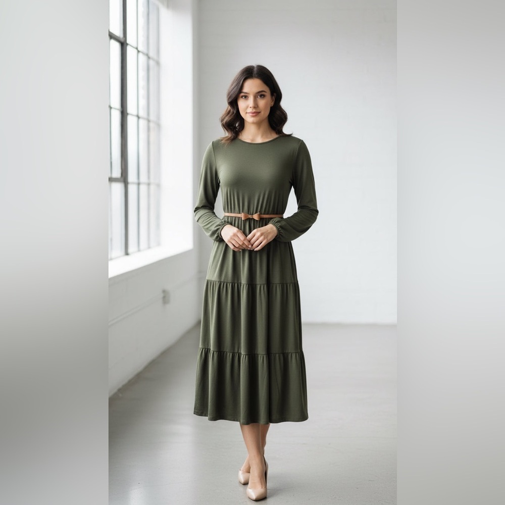 Olive Tiered Long Sleeve Midi Dress / Belt not included.